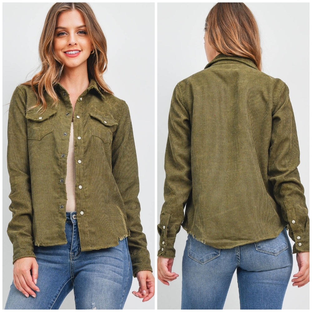 LAST ONE❗️SKYLAR+MADISON Olive Distressed Corduroy Shirt